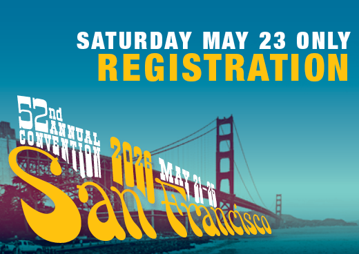 a square graphic representing 2026 Annual Convention Single Day Registration. SATURDAY MAY 23 ONLY