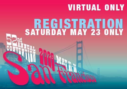 a square graphic representing 2026 Annual Convention Single Day Virtual Registration. SATURDAY MAY 23 ONLY