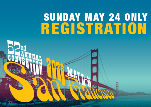 a square graphic representing 2026 Annual Convention Single Day Registration. SUNDAY MAY 24 ONLY