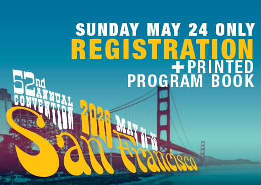 a square graphic representing 2026 Annual Convention Single Day Registration + Printed Program Book. SUNDAY MAY 24 ONLY.