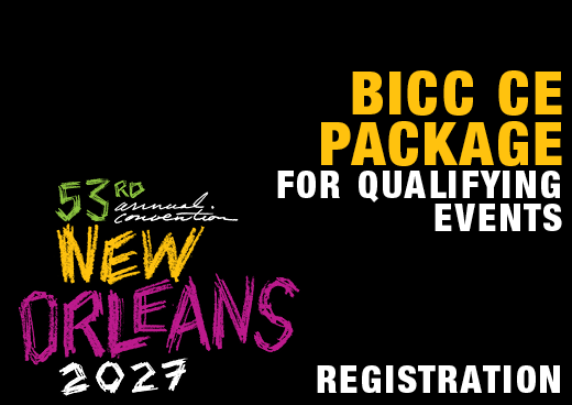 a square graphic representing 2027 Annual Convention BICC CE Package for Qualifying Events