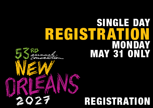 a square graphic representing 2027 Annual Convention Single Day Registration. MONDAY, MAY 31 ONLY
