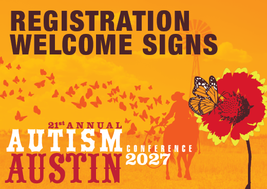 a square graphic representing 2027 Autism Conference Registration Welcome Signs